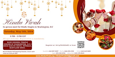 Hauptbild für Hindu Singles speed dating  Event ISKCON Potomac MD May 11 2024 2-5 pm