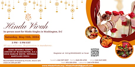 Hindu Singles speed dating  Event ISKCON Potomac MD May 11 2024 2-5 pm