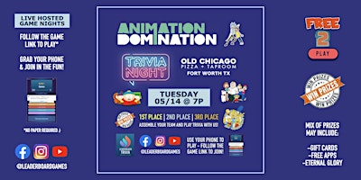 Imagen principal de ANIMATION DOMINATION Theme Trivia | Old Chicago - Fort Worth TX - TUE 05/14