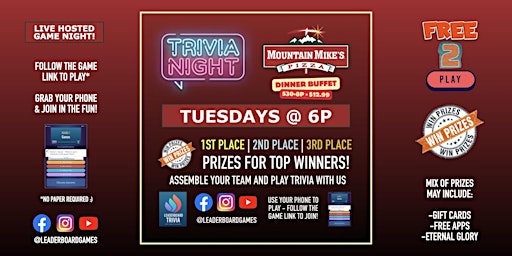 Image principale de Trivia Night | Mountain Mike's Pizza - Mesa AZ - TUE 6p @LeaderboardGames