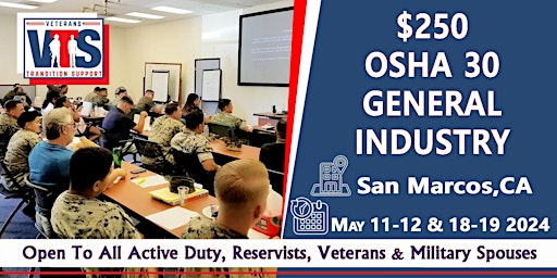 $250 OSHA 30 Hr General Safety Live Instruction 05/11-12 &  18-19 2024  primärbild