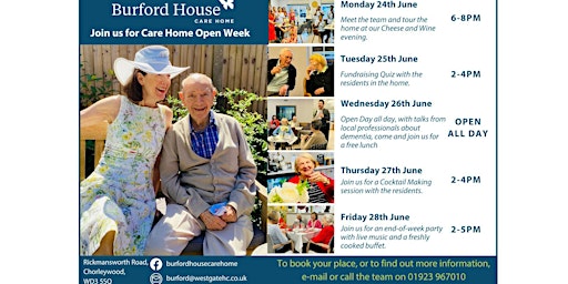 Hauptbild für Burford House Care Home, Cheese and Wine evening as part of Care Home Open Week