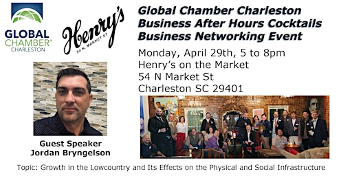 Primaire afbeelding van Global Chamber Charleston Cocktails After Hours at Henry's With Guest Speaker Jordan Bryngelson