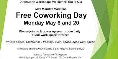 Imagem principal do evento Free Coworking Day! Jumpstart your week at Archstone Workspace