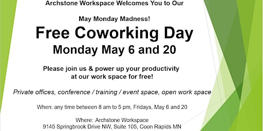 Hauptbild für Free Coworking Day! Jumpstart your week at Archstone Workspace