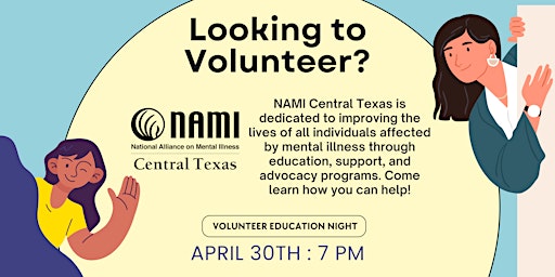 Primaire afbeelding van NAMI (National Alliance on Mental Illness) New Volunteer Education Night