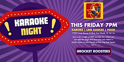 Imagem principal do evento Karaoke + Line Dancing Night W/ Savory Chicken at Rocket Roosters