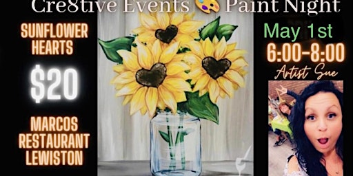 Imagem principal de $20 Paint Night - Sunflower Hearts - Marcos Lewiston