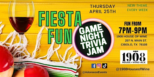 Image principale de Fiesta Fun Game Night Trivia Jam at 1908 House of Wine Thursdays