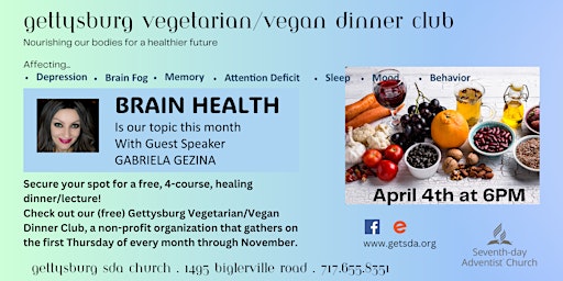 Primaire afbeelding van BRAIN HEALTH - Presented by Gettysburg Vegetarian Dinner Club