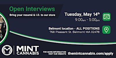Immagine principale di Mint Cannabis Open Interviews - Belmont, MA 