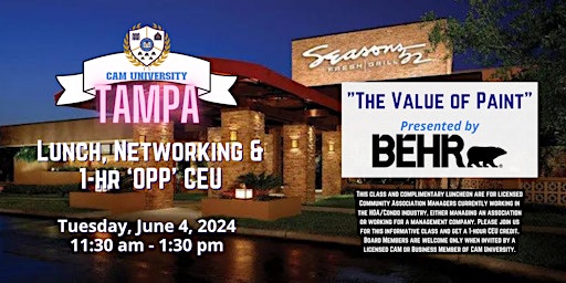 Primaire afbeelding van CAM U TAMPA Complimentary Lunch, Networking and 1-Hr OPP CEU  |  Seasons 52