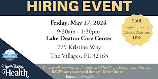 Primaire afbeelding van The Villages Health Hiring Event - May 17th