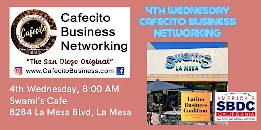 Imagen principal de Cafecito Business Networking, La Mesa 4th Wednesday August