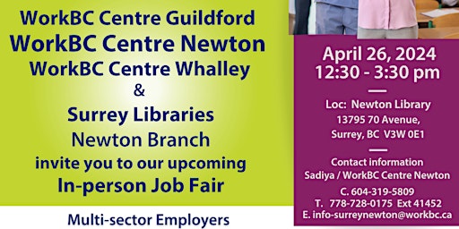 Primaire afbeelding van WorkBC In-Person Job Fair at Newton Library / Multi-sector Employers *