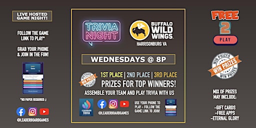 Primaire afbeelding van Trivia Night | Buffalo Wild Wings Harrisonburg VA WED 8p @LeaderboardGames