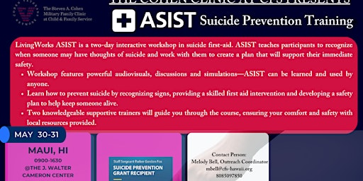 Primaire afbeelding van The Cohen Clinic presents ASIST Suicide Prevention Trainings MAUI