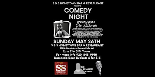 Imagem principal do evento S & S Hometown Bar & Restaurant Comedy Night: Rio Hillman