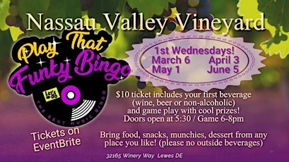 Play That Funky Music Bingo at Nassau Valley Vineyards