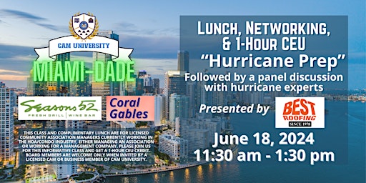 CAM U MIAMI-DADE COUNTY Complimentary Lunch and 1-Hr  CEU at Seasons 52 primary image