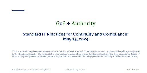 Standard IT practices for business continuity and regulatory compliance primary image