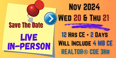 Hauptbild für LIVE In-Person  • TWO Days • 12 Hrs Indiana Real Estate ConEd | Nov 20-21