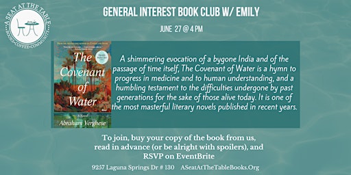 Primaire afbeelding van General Interest Book Club w/ Emily: The Covenant of Water