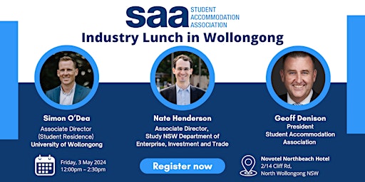 Image principale de Student Accommodation Association Industry Lunch in Wollongong, NSW