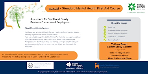 Imagem principal de Two Day - Mental Health First Aid Course  - Tailem Bend Community Centre
