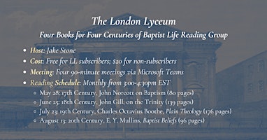 Imagem principal do evento The London Lyceum Baptist Reading Group with Jake Stone