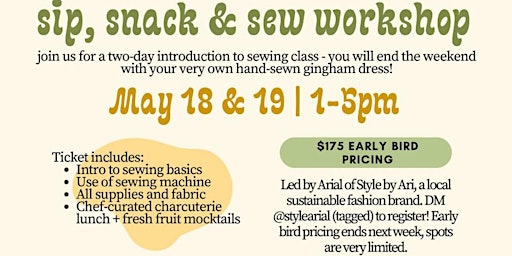 Imagen principal de Sip, Snack and Sew Workshop: Intro to Sewing - Encinitas, CA