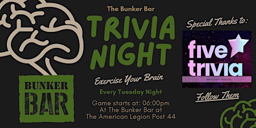 Primaire afbeelding van Family-Friendly Trivia Tuesdays at the American Legion Post 44 Bunker Bar!