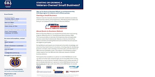 Hauptbild für Columbus Ohio Boots to Business Reboot Entrepreneurship Training Course