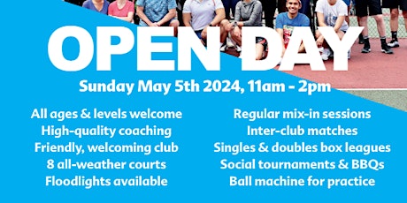 Tennis Club- OPEN DAY Free event! Free coaching. Adults, kids, all levels welcome