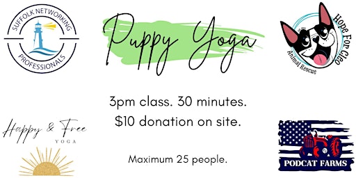 Imagem principal do evento Happy & Free Puppy Yoga @ PodCat Farms 3PM Class