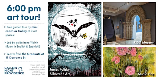 Primaire afbeelding van 6:00 pm Trolley or Mini Coach Art Tour! with Gallery Night Providence