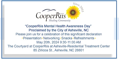 CooperRiis Mental Health Awareness Day Proclaimed by City of Asheville, NC