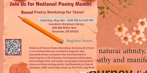Imagem principal do evento FREE YOUTH WORKSHOP! Petals and Thorns: Anatomy of a Poem