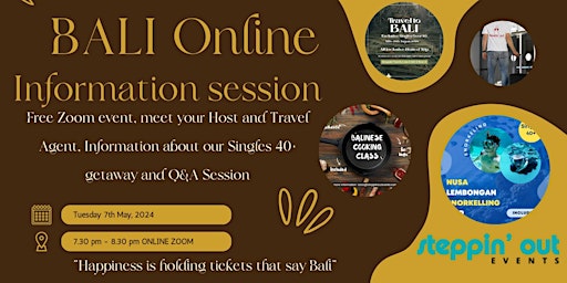 Imagem principal do evento Bali Singles 40+ Getaway | Free Information Session and Q&A via Zoom online