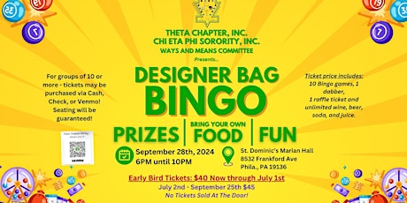 Theta Chapter, Chi Eta Phi Sorority Inc. Designer Bag Bingo