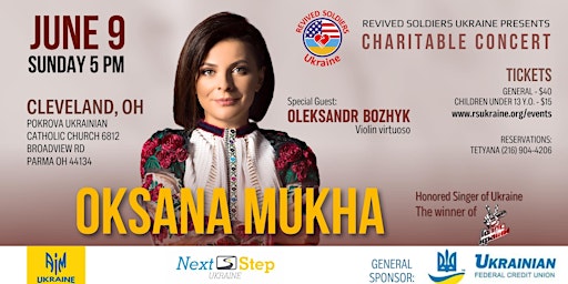 Imagem principal do evento Cleveland, OH -  Oksana Mukha, honored singer of Ukraine charitable concert