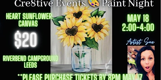 Primaire afbeelding van $20 Paint Night- Heart Sunflowers- Riverbend Campground, Leeds