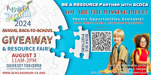 VENDOR REGISTRATION: A CHILD'S DREAM-CA 2024 B2S GIVEAWAY & RESOURCE FAIR primary image