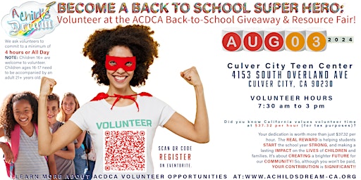 VOLUNTEERS AD SHIFT: A CHILD'S DREAM-CA  2024 B2S GIVEAWAY & RESOURCE FAIR. primary image