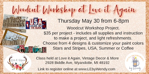 Hauptbild für Woodcut  Workshop 5/30/24 from 6-8pm at Love it Again