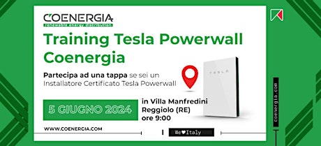 Hauptbild für Training per i  Certificati Tesla Powerwall - Coenergia 5 Giugno 2024