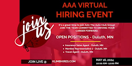 AAA Virtual Hiring Event. Openings in Duluth, MN