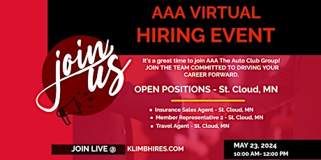 AAA Virtual Hiring Event May 23, 2024. Openings in St Cloud, MN