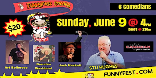 Imagem principal de Sunday, June 9 @ 4 pm - FESTIVAL WRAP COMEDY PARTY - 6 FunnyFest Comedians