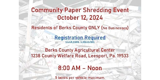 Image principale de BERKS COUNTY - PAPER SHREDDING EVENT - October 12, 2024